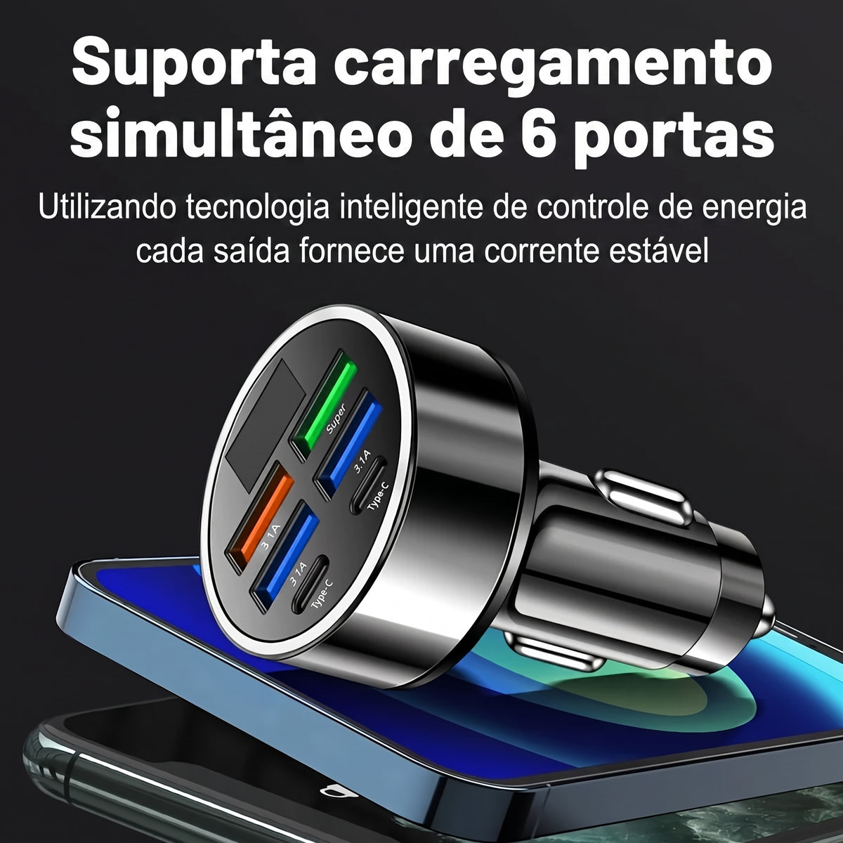 Carregador Veicular Turbo 6 em 1 com Display Digital